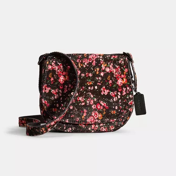 COACH Saddle 23 Cowhide $895 Floral Gunmetal Black Pink Leather CALF HAIR Auth - Picture 4 of 6